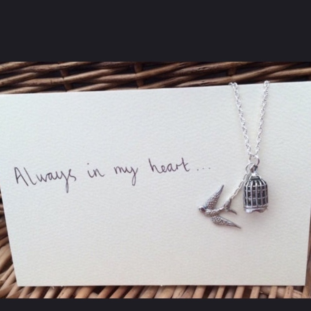 NECKLACE NEW ANTIQUE SILVER BIRD/BIRDCAG